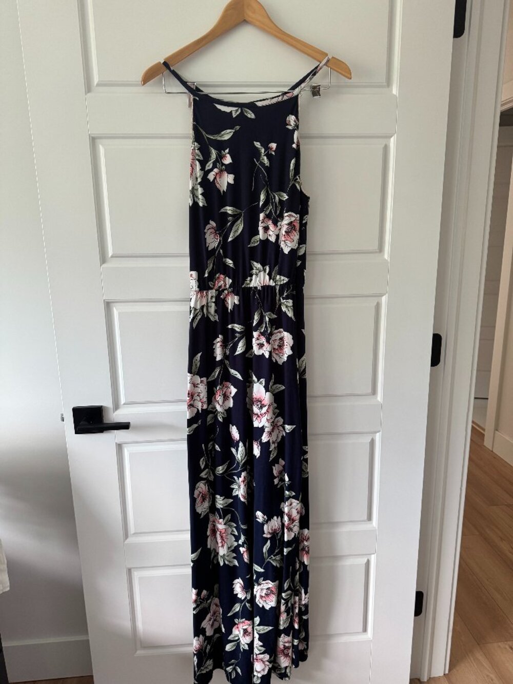 French Grey Navy Maxi Floral Dress Stretch Waist Halter Top Size L